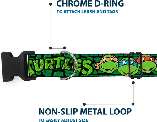 Vista 5 de Buckle-Down Classic Tmnt Group Faces/Turtles Turtle Shell Cuello de clip de plástico negro/verde, pequeño/9-15", 1" de ancho - Se adapta a cuello
