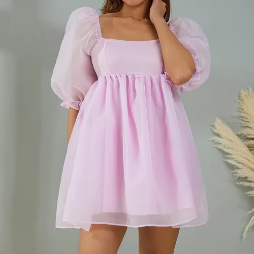 Vista 4 de Mini vestido de manga abombada para mujer, cuello cuadrado, manga de burbujas, tul babydoll de tul corto para fiesta de graduación