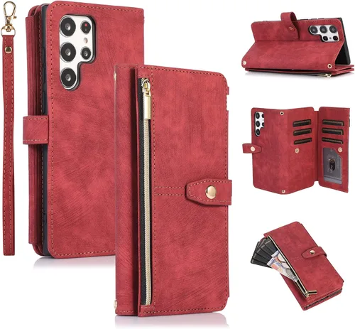 Vista 18 de UEEBAI Funda tipo cartera para Samsung Galaxy S22 5G, Retro 9 ranuras para tarjetero, bolsillo con cremallera, cierre magnético, función atril