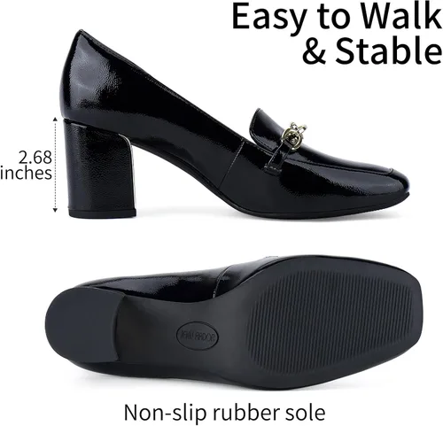 Vista 4 de JENN ARDOR Mocasines de tacón para mujer con punta cuadrada y tacón grueso, mocasines con cadena