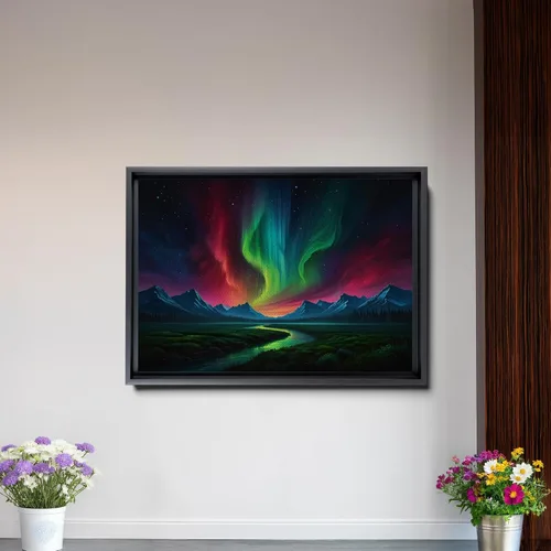Vista 2 de Aurora Borealis, Northern Lights Art, framed canvas print, snow capped mountain landscape art, synthwave vaporwave, Home Decor, Wall