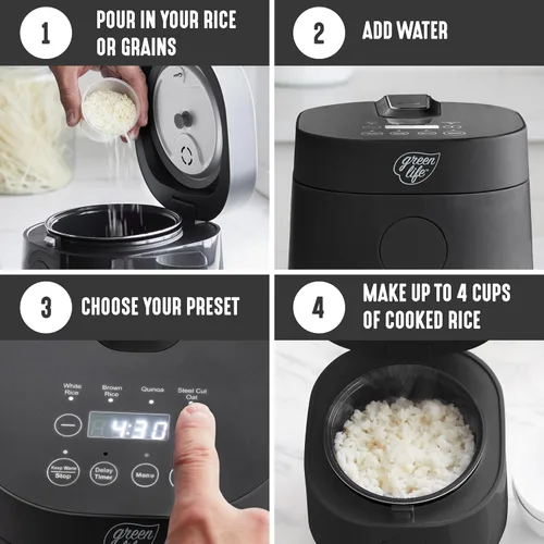 Vista 6 de GreenLife Arrocera digital, 2 tazas sin cocinar/4 tazas cocidas, olla de cerámica antiadherente extraíble sin PFAS, preajustes de un solo toque