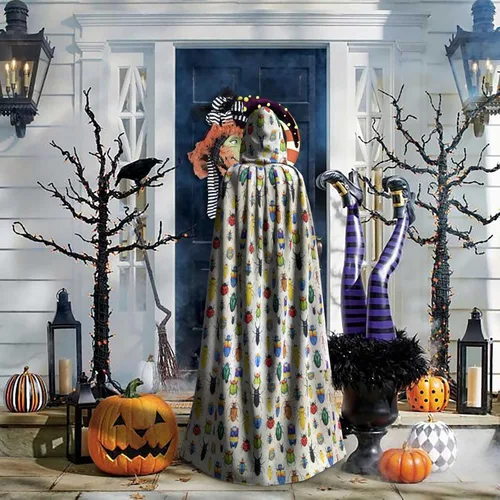 Vista 6 de Capa con capucha de bruja maga de Halloween con patrón de insectos, capa de Navidad para cosplay para adultos