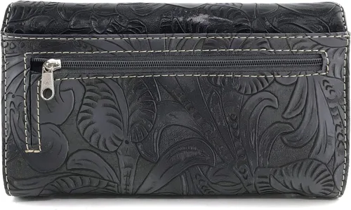 Vista 4 de Zelris Floral Western Pu Tooled Cuero Turquesa Concho Plumas Crossbody Cartera Trifold, Negro