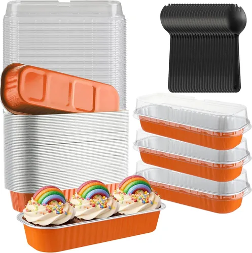 Vista 9 de Mini Moldes para Pasteles con Tapas, 50PCS Moldes Rectangulares Desechables de 6.8OZ Ramekins Forros para Cupcakes con Tapas Moldes para Pan Mini