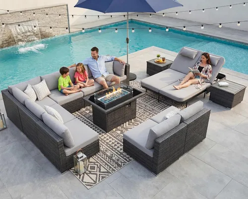 Vista 70 de NICESOUL Juego de muebles de patio de ratán extra grande con mesa para fogata de gas y propano, 29.3 pulgadas, respaldo alto, cómodos conversaciones