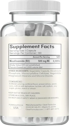 Vista 3 de Vitamina B3 Nicotinamida 500 mg – Forma de alta absorción de vitamina B3 Niacina sin enjuague para oír la piel, cerebro y apoyo energético
