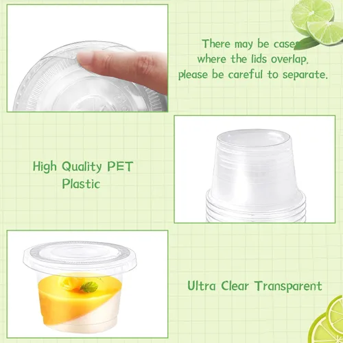 Vista 3 de Qyyiguf Paquete de 100 Vasos de Plástico Desechables de 8 OZ con Tapas Planas, Vasos Transparentes para Postre Recipientes de Plástico, Mini