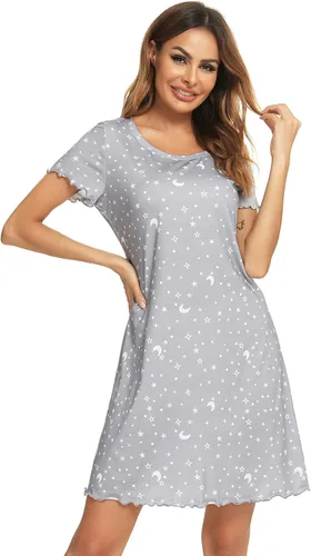 Vista 8 de Roojaa Camisón de manga corta para mujer, con cuello redondo, con volantes, cómodo camisón