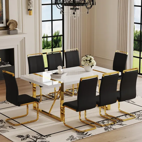 Vista 23 de Mesa de comedor Ebullient para 4, mesa de comedor rectangular negra de MDF, tapa de mesa de cena de mármol falso, mesa de comedor moderna con marco
