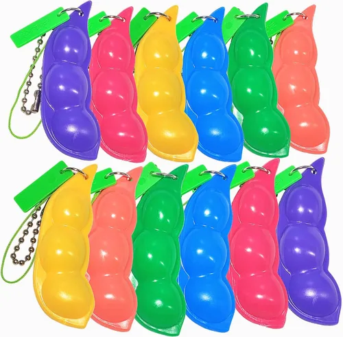 Vista 2 de 12 piezas de llavero de frijoles apretables para recoger la piel, juguetes sensoriales de vaina de guisantes, alivio del estrés, juguetes