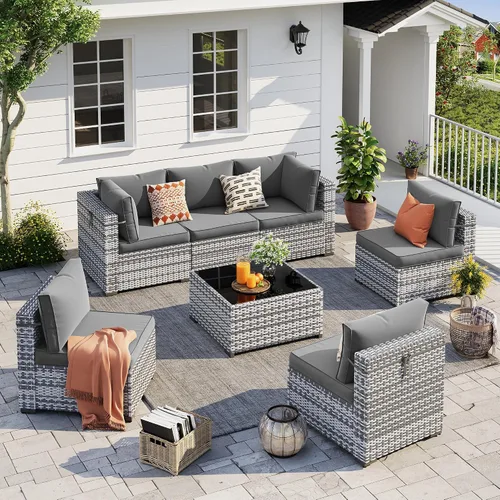 Vista 15 de UDPATIO Juego de muebles de patio al aire libre, sofá seccional modular de 7 piezas con mesa de té, juego de conversación al aire libre de mimbre PE