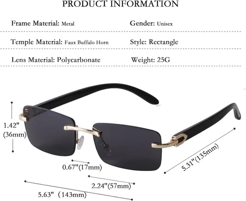 Vista 5 de Gafas de sol sin montura para mujeres y hombres, lentes tintadas de gángster, sin marco, lentes rectangulares de cuerno de búfalo de imitación