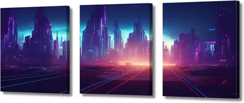 Vista 81 de Cuadros de 3 paneles de Cyberpunk City - Arte de pared de vallas publicitarias de edificios modernos en la capital con obras de arte modernas