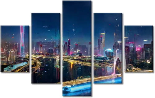 Vista 33 de Cuadros de 5 paneles de Cyberpunk City, arte de pared, representación de vallas publicitarias, edificios modernos en la capital con obras de arte