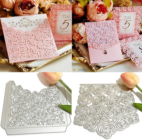 Vista 5 de 2 plantillas de metal troqueladas, invitación de boda, borde de rosa, plantillas cortadas para bricolaje, álbumes de recortes, álbum de fotos