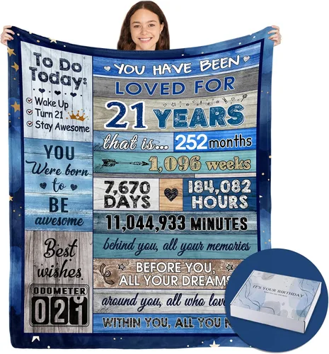 Vista 9 de Manta de regalo de cumpleaños número 21 para él y hombres de 21 años Con caja de regalo, 50 x 60 pulgadas, lavable a máquina, transpirable, ideal