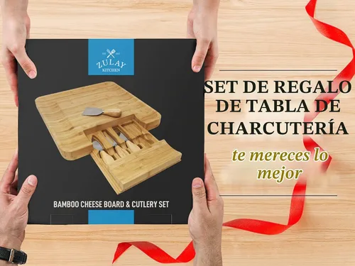 Vista 7 de Zulay Kitchen Juego de tablas de queso de bambú de alta calidad, juego de tablas de embutidos de bambú extra gruesas con juego de 4 cuchillos, tabla