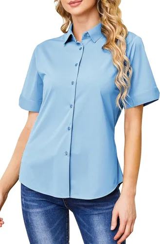 Vista 14 de Camisas con botones para mujer, sin arrugas, ajustadas, manga corta, formal, sólidas, blusas