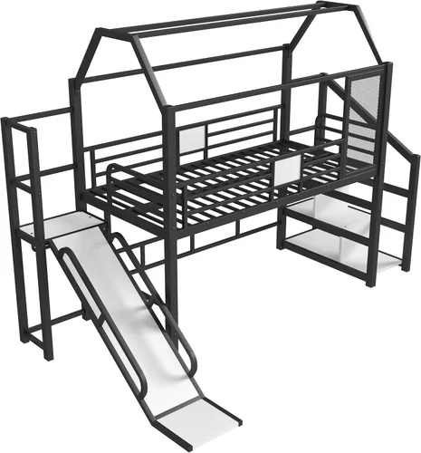 Vista 7 de Bellemave Cama Loft de Metal Tipo Casa Tamaño Twin con Tobogán y Escaleras, Marco de Cama Loft Casa de Juegos de Servicio Pesado con Estantes