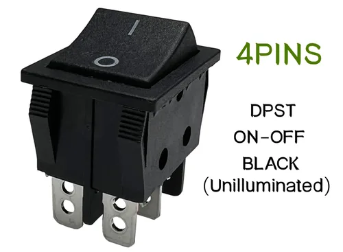 Vista 2 de Interruptor basculante DPST On-Off Unilluminated Negro 4 Pin 1.220x0.984 in Rectangular Snap-in Interruptor de alimentación de palanca