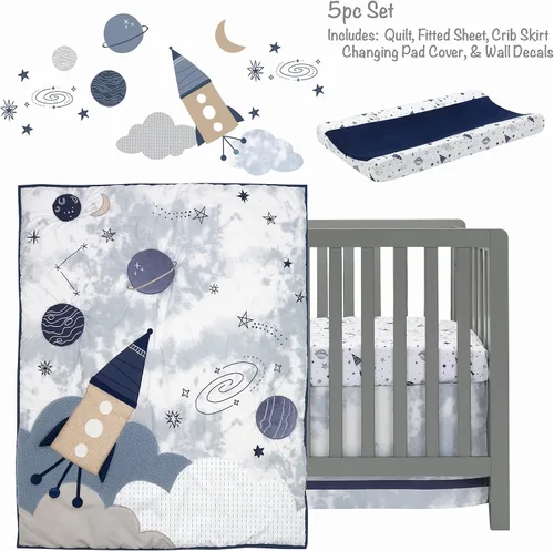 Vista 2 de Lambs & Ivy Sky Rocket - Juego de ropa de cama para cuna de bebé, 5 piezas, galaxia azul y espacio