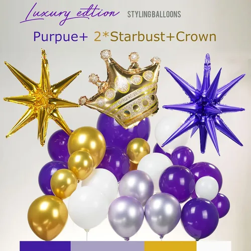Vista 4 de Kit de guirnalda de globos morado real dorado blanco 126 piezas globos de papel aluminio de corona de explosión estelar de lujo de doble relleno