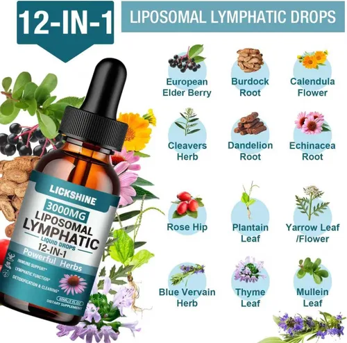 Vista 3 de 1 paquete de gotas de drenaje linfático liposomal de 3000 mg, 12 en 1 suplementos de drenaje linfático orgánico con bayas de saúco, raíz de bardana