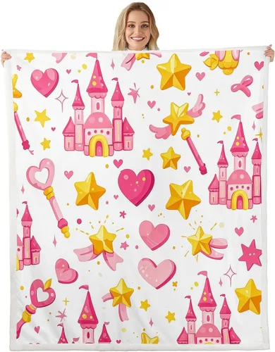 Vista 17 de Princess Flannel Blanket All Seasons,Rainbow Cloud Stars Butterfly Bed Blanket for Kawaii Home Decor,Dreamy Fairy Tale Castle Blanket for Kids Girls