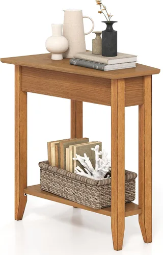 Vista 14 de GIANTEX Mesa auxiliar de cuña, mesa auxiliar triangular con estante de almacenamiento y patas de madera maciza, mesa reclinable, mesita de noche