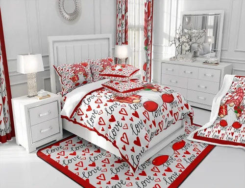 Vista 4 de Juego de funda de edredón de gnomo lindo para el día de San Valentín, tamaño individual, juego de ropa de cama con estampado de corazón rojo