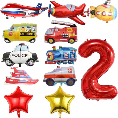 Vista 11 de 12 globos de transporte, camión, avión, autobús escolar, camión de bomberos, coche de policía, barco, ambulancia, submarino, globo de papel