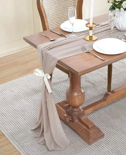 Vista 4 de WARM HOME DESIGNS Tela de gasa beige de 35 x 120 pulgadas. Utiliza material de gasa de lujo como camino de mesa, decoración de arco de boda, bufanda