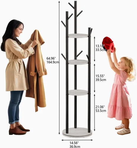 Vista 9 de Espelism Perchero giratorio independiente de metal para el recibidor con diseño de árbol, soporte con 4 niveles de exhibición de almacenamiento y 9