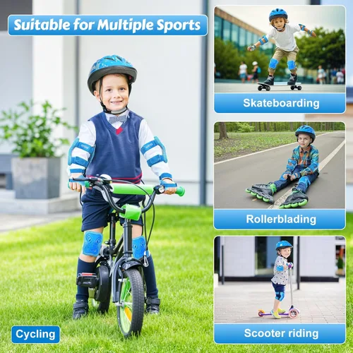 Vista 6 de Casco ajustable para niños de 5 a 16 años, equipo de protección con coderas, rodilleras y muñequeras para multideporte, patinaje, bicicleta