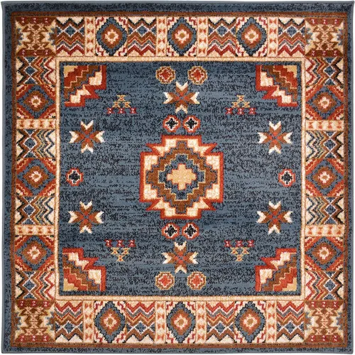 Vista 10 de Nevita Collection Southwestern Native American Design Area Alfombra geométrica (azul, 5'3" redondo)