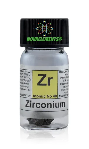 Vista 2 de Elemento de circonio 40 Zr, muestra pura 0.07 oz 99,95% en ampolla de vidrio con etiqueta