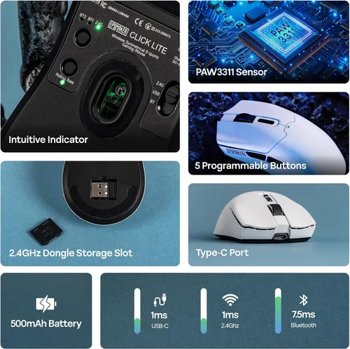 Vista 3 de EPOMAKER Click Lite Mouse inalámbrico para juegos, 800 a 12,000 DPI ajustable, sensor PAW3311, 500mAh, 2.08 oz, 2.4GBTUSB-C recargable con 5 botones