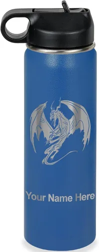 Vista 29 de LaserGram Botella de agua con tapa abatible de doble pared de 12 onzas con pajilla, dragón, grabado personalizado incluido (negro)