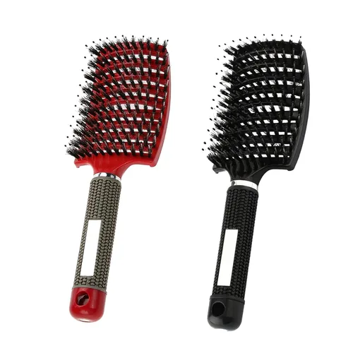 Vista 8 de 2 cepillos curvos ventilados para el cabello, cerdas de jabalí, cepillo desenredante de pala, cepillo profesional desenredante para Dorado+Negro