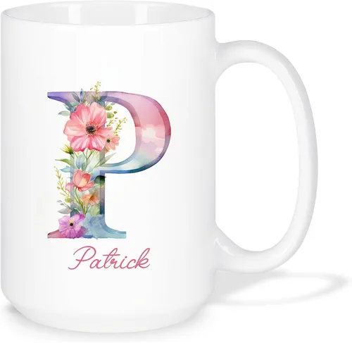 Vista 9 de Taza de café personalizada de la letra A del alfabeto, Taza de café blanca con nombre personalizado único, Taza inicial de monograma floral