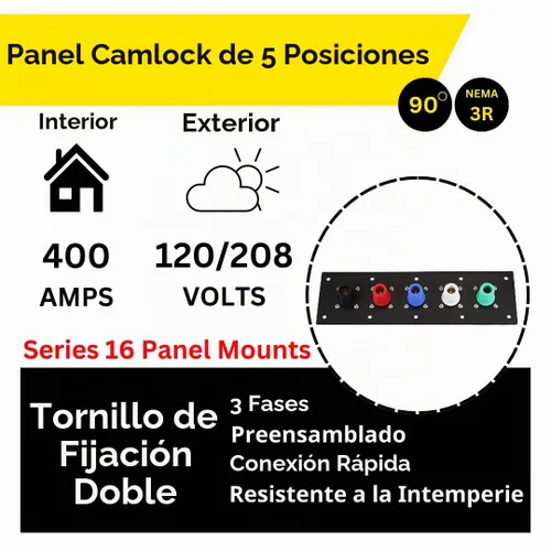 Vista 5 de Panel de bloqueo CAM de 5 posiciones, 400 amperios, trifásico 120/208 V, hembra, 90°, conexiones de doble tornillo con tapas y cordones NEMA 3R