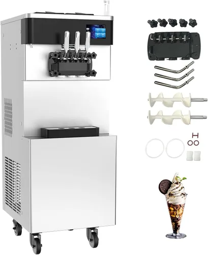 Vista 8 de Máquina comercial para hacer helados, 110 V, 2200 W, 3 sabores para encimera, suave, 5,3 a 7,4 galones/H, preenfriamiento, pantalla táctil LCD