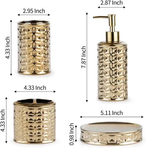Vista 6 de Juego de accesorios de baño dorados, 4 piezas de cerámica para decoración de baño, incluye dispensador de loción, soporte para cepillos de dientes