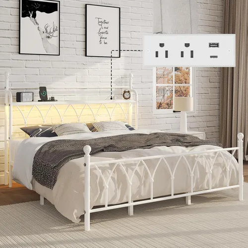 Vista 14 de E-Ser Marco de cama de plataforma de metal tamaño twin con cabecera de almacenamiento, marco de cama con luz LED, estación de carga integrada