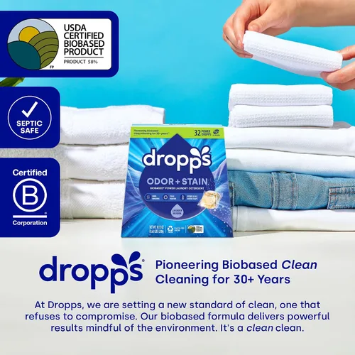 Vista 6 de Dropps Cápsulas de detergente para ropa a base de biológicas Odor & Stain Crisp Breeze HE compatibles con ropa fresca, suministros de jabón