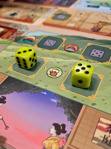 Vista 6 de The White Castle: Matcha, expansión para el juego de mesa The White Castle, nuevo tablero, geishas, dados y acciones, juego de estrategia feudal