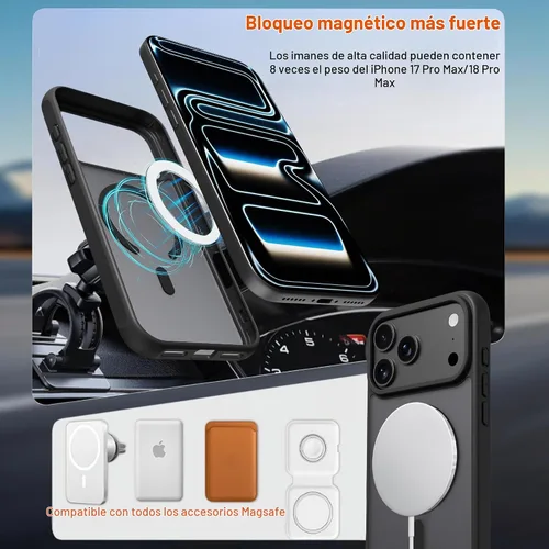 Vista 6 de MagSafe - Funda para iPhone 17 Pro Max / 18 Pro Max, color negro Mate translúcido, protección militar contra caídas, carga inalámbrica sin costuras