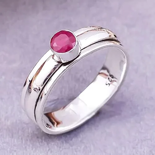 Vista 2 de Anillo de plata de ley giratorio de rubí natural, anillo de rubí hecho a mano, anillo de ansiedad para el pulgar, anillo de banda bohemia, anillo