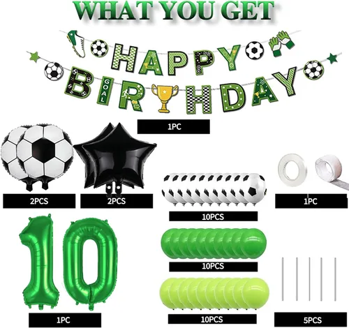 Vista 2 de Decoraciones de fiesta de cumpleaños número 10 para niños, decoraciones de fiesta de cumpleaños de fútbol, pancarta de feliz cumpleaños, suministros